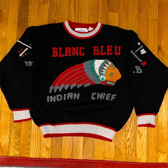 SUPER RARE BLANC BLEU Sz M Vintage sweater 1958 Indian chief wool blend crewneck - Picture 1 of 8